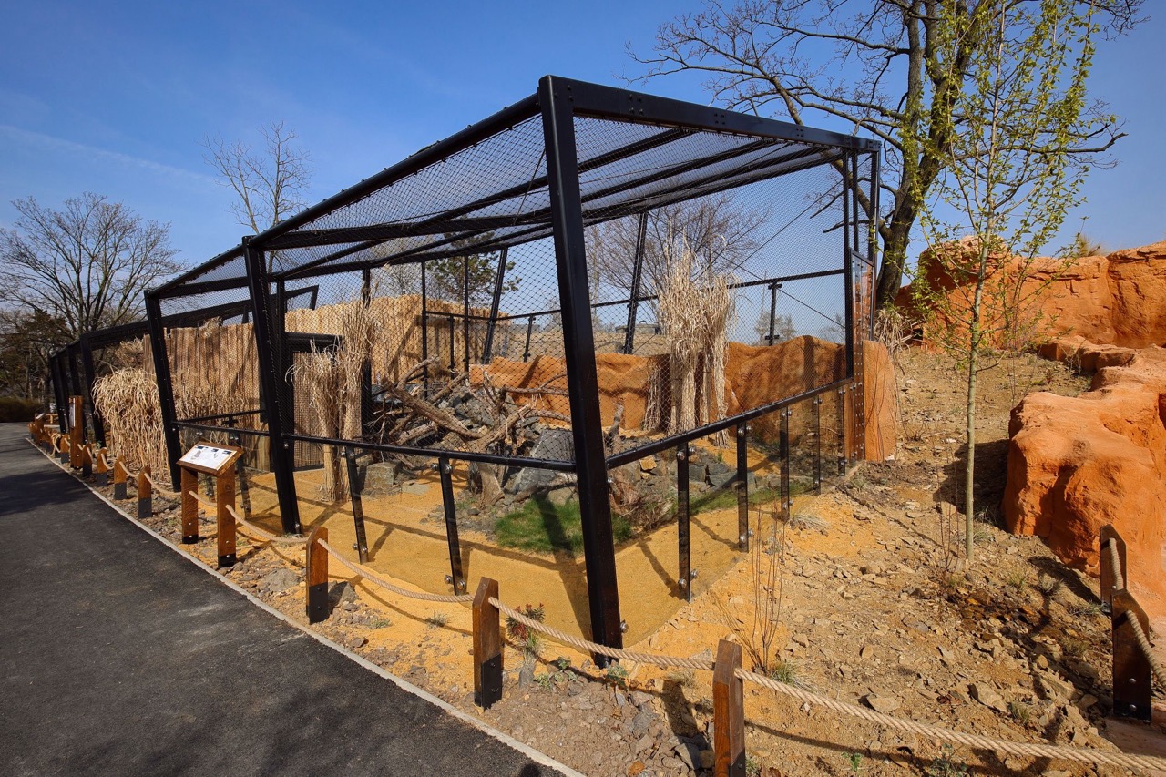 Zoo Praha – výběhy a stáje koní Převalského, pavilon drobných savců a plazů, voliéry manula - Bygningskonstruksjon